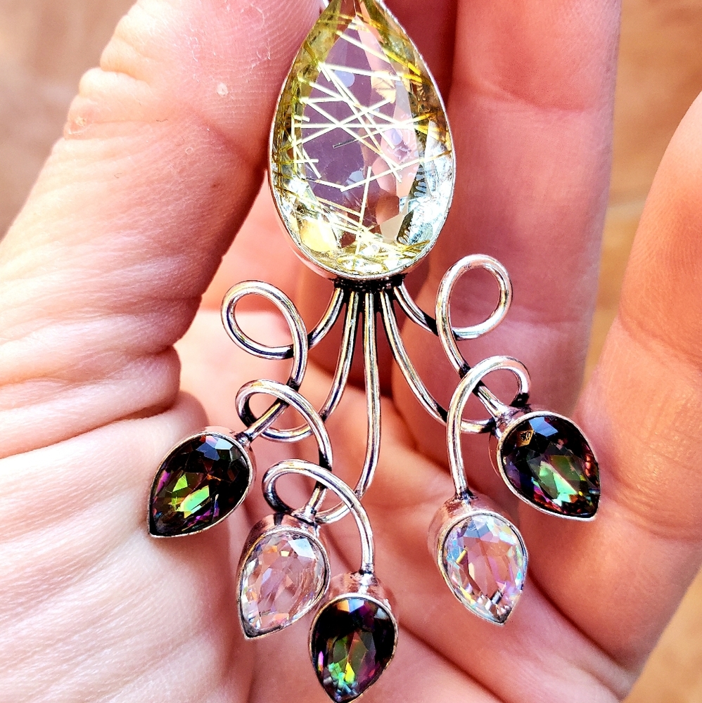 New Golden Rutile, White & Mystic Topaz 925 Silver Pendant.
